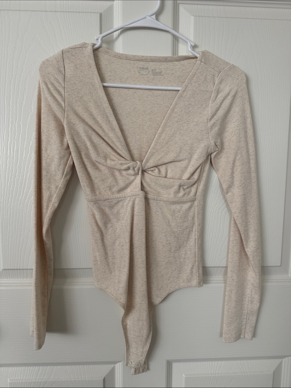 aerie Twist-Front Long Sleeve Bodysuit in Light Beige Heather